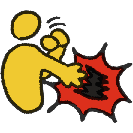 a simple emoji yellow figure moving one hand back and forth, and with the other reaching for a spiky thing. there's a red impact shape around the hand and spiky thing